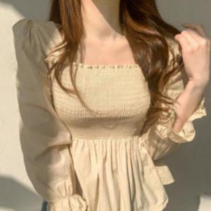 여성 러블리 셔츠 퍼프 소매 밴딩 프릴 스모크 블라우스