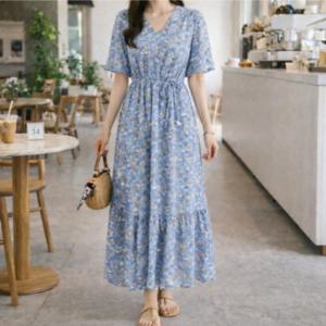 여성 브이넥 반팔 블루 가든 플라워 스트링 롱 원피스