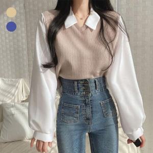 긴팔 라운드티셔츠 여성 페이크 카라 여성맨투맨 골지조끼 티셔츠 레이어드