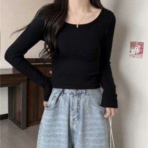 티셔츠 운동복 긴팔 이너 이너티 크롭 면티 데일리 U넥 세미 크롭티 여성