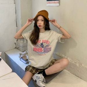 여름 오버핏 티셔츠 프린팅 여성봄티셔츠 여성 곰돌이 형광티셔츠 반팔티