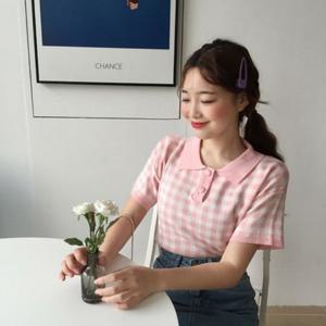 니트 반팔티 반크롭 카라 여성티셔츠 여름 체크 티셔츠 크롭티 빅사이즈