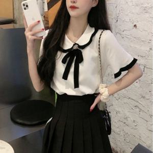 반팔 여자 커플시밀러룩 2색 블라우스 카라 리본 프릴 러블리 쫄티 끈나시