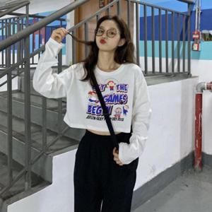 데님셋업 러블리 간절기티셔츠 캐릭터 크롭 긴팔 흰티 기본티 티셔츠 반티