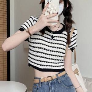 크롭 맨투맨티셔츠 형광티셔츠 여름 여성 니트 여성봄티셔츠 스퀘어넥티