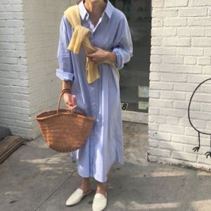 나들이룩 블루원피스 봄가을 데이트룩 셔츠 루즈핏 편한원피스 스트라이프