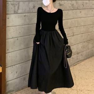 좋은 신축성 올블랙 청치마 니트원피스 플레어원피스 롱원피스 여름원피스
