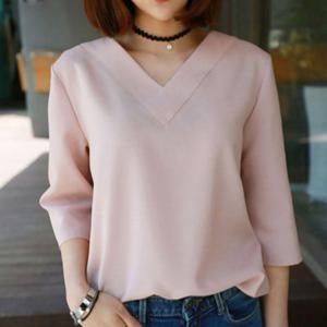 깔끔한 브이넥 라인 디자인 7부 스커트 팬츠 블라우스 여성 반팔 셔츠 퍼프 셔링 귀여운