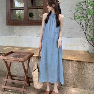 민소매 홀터넥 원 비치 원피스 캐주얼 해변원 뷔스티에 여름 휴양지 A라인 끈나시