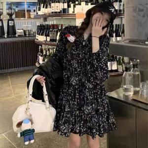 플라워 캉캉 미니 원피스 퍼프 긴팔 봄가을 쉬폰 시폰 밴딩 하객 큐티 캐주얼 A라인