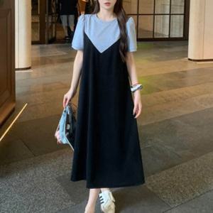 여성 심플 데일리 뷔스티에 레이어드 반팔 롱 원피스