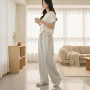 여성 편안한 허리 라인 사이드 주름 편안한 착요감 오버 와이드 바지