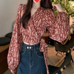 여자 퍼프소매 패턴 셔츠 랩블라우스 여름 v넥 가을 2