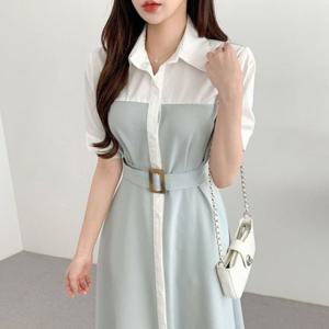 배색 원피스 여성 단정한 하객룩 롱드레스 벨트 셔츠 정장
