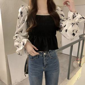 여성 배색 퍼프 블라우스 셔링소매 유니크 데일리룩