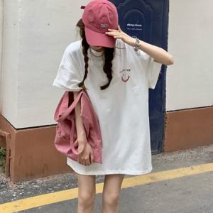 스마일 라운드넥 데일리 오버핏 반팔 박스 면 티셔츠