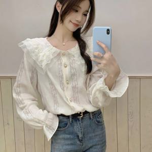 여성 레이스 봄 블라우스 프릴 진주버튼 와이드카라