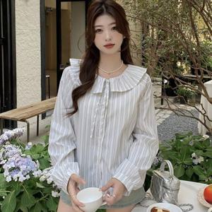 여성 세일러 카라 블라우스 스트라이프 퍼프 패션