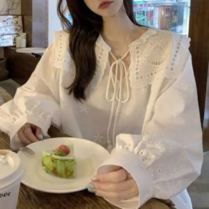 여성 펀칭 봄 블라우스 리본넥 빅카라 러블리 코디