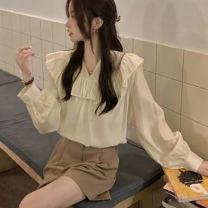 프릴 케이프 블라우스 여성용 브이넥 벌룬 소매 1020