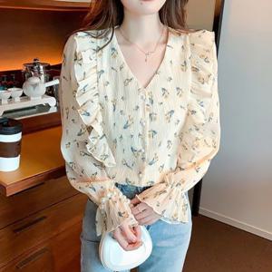 프릴 플라워패턴 진주버튼 여성 봄 블라우스 플리츠