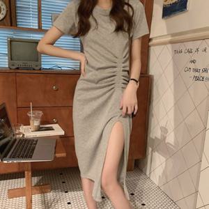 데일리 허리셔링 시크한무드 옆트임 반팔 롱 원피스