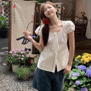 리본 스트랩 핀턱 썸머 블라우스 여름 리본플 허리 라인