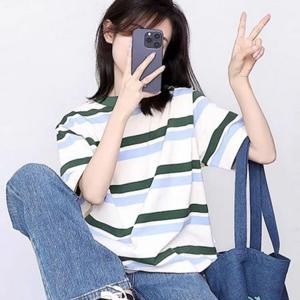 여자 루즈핏 패션 스트라이프 라운드 반팔티 맨투맨 티셔츠 린넨 스트라이프티 브이넥 크롭
