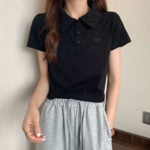 카라크롭티 하트자수 크롭 카라반팔티 자수반팔티 카라 귀여운 4컬러