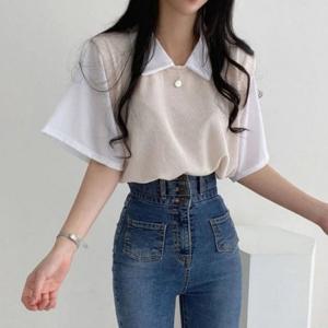 페이크 카라티셔츠 티셔츠 골지베스트 니트티셔츠 여성티셔츠 카라 레이어드