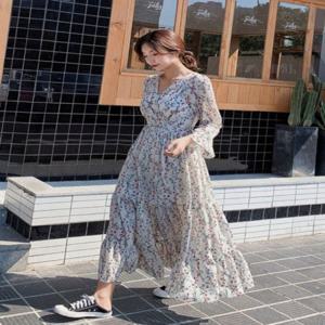 가을원피스 여성플라워 롱원피스 브이넥 플레어원피스 쉬폰 쉬폰원피스 2컬러