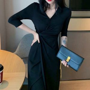 랩 롱 패션 브이넥 블라우스 다리트임 소라 A라인 블랙 원피스 여성