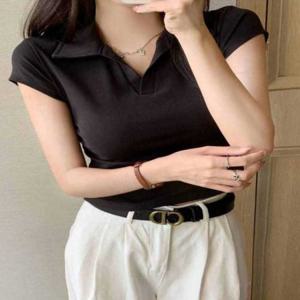 브이넥 슬림핏 소매 여자 민 슬림핏티셔츠 나시 카라티셔츠
