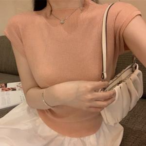 슬림핏 반팔 니트 티셔츠 핑크 라운드넥 여름니트 목폴라 골지 반팔니트