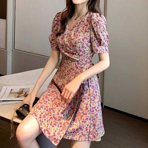 어깨셔링 하객원피스 미니원피스 배색원피스 허리스트링 플라워 셔링원피스
