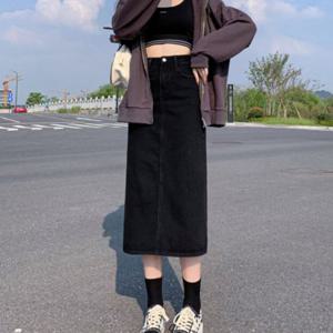 여성기본스커트 여성치마 A라인 청 데님 가능 뒤트임 블랙 여성
