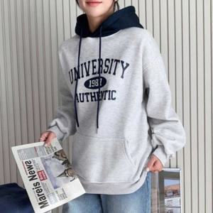 후드집업 여성롱티셔츠 여자롱티셔츠 기모 겨울 겨울기모티셔츠 배색
