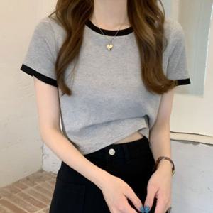팔 라운드넥 여성티셔츠 박스티 목 반팔티 여성여름티셔츠 나시티 무지