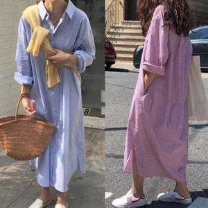 캐주얼 줄무늬 롱원피스 스트라이프 나들이룩 루즈핏 롱셔츠 봄 박시핏