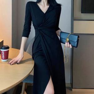 긴팔 트임 모임룩 브이넥원피스 여성스러운원피스 랩 랩드레스 우아한원피스