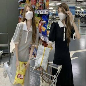 핀턱 퍼프 A라인 원피스 소매 롱 니트원피스 카라 배색 프릴원피스