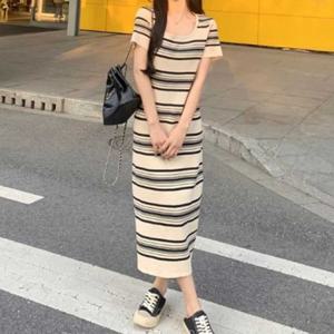 오피스룩 롱 줄무늬 원피스 간절기 스트라이프 골지 여친룩 롱드레스 데일리