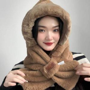 브라운 니트 소프트퍼 후드 머플러 숄