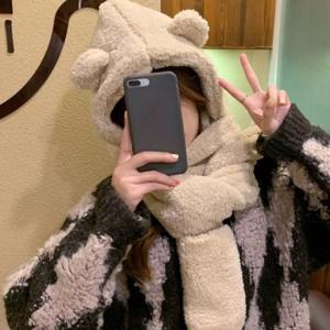 넥워머 목도리 머플러 곰돌이 곰돌이모자 일체형 양털목도리 모자목도리