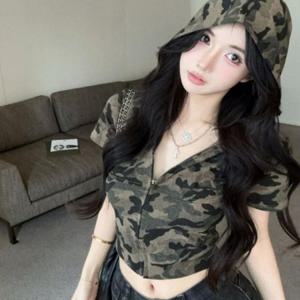 여성 스트릿무드 여성의류 밀리터리 카모 반팔 크롭 후드집업