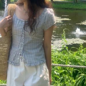 U넥 퍼프 퍼프블라우스 프릴 반팔 블라우스