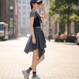 여성 페이크 여성스커트 레이어드 언발란스 스타일 체크 패턴 스커트