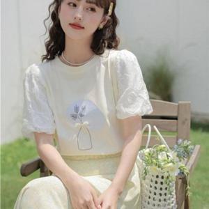 플라워 여리핏 러블리 티셔츠 블라우스(SS-237) 자수 퍼프소매 반팔