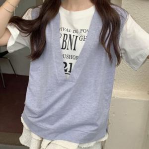여성 여름 가을 레이어드 면티 조끼 페이크 시원한 데일리 반팔 티셔츠 베스트 코디 세트