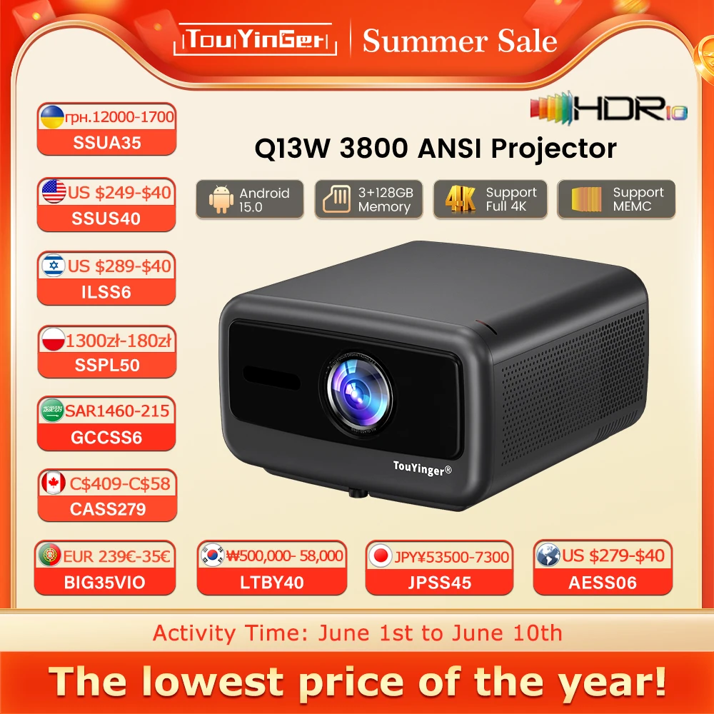 투잉어 Q13W 3800 안시 풀 HD 4K 프로젝터 홈 시어터 비디오 3G 128G 스마트 TV 빔 프로젝터 영화 감상용